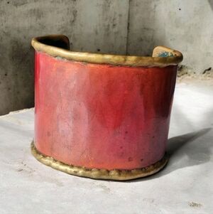 Artisan Signed HATFIELD Copper Brass Red Patina Rustic Look Wide Cuff Bracelet
